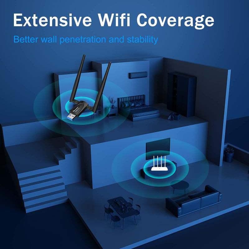 Wireless USB WiFi Adapter for Desktop PC, Techkey AC1300Mbps Network Dongle with Dual Band 2.4GHz/400Mbps 5GHz/867Mbps 5dBi High Gain Antenna for Laptop Computer Compatible Windows 11/10/8.1/8/7 1300Mbps AC1300-black