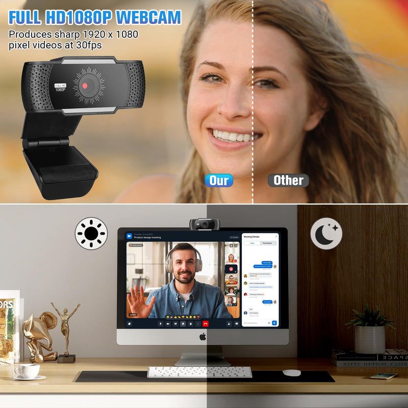 1080P Webcam with Microphone, Plug and Play USB Computer Camera for PC Laptop Desktop, Auto Light Correction, Wide Angle 90° for Zoom Teams YouTube Skype Live Streaming(Black)