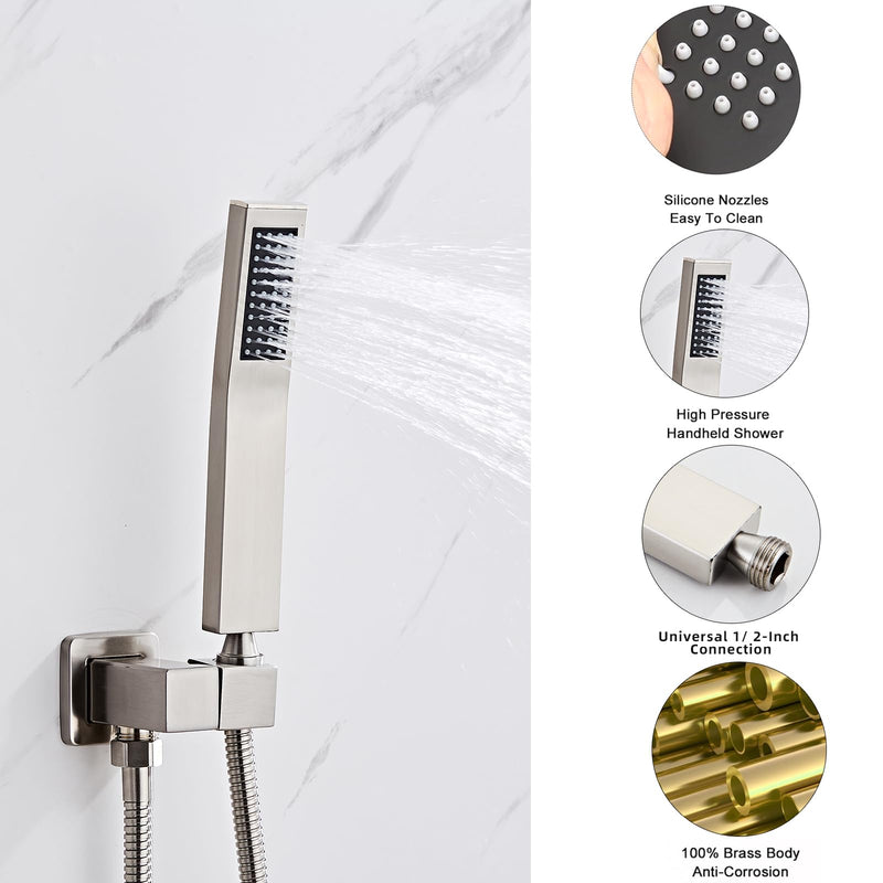 High Pressure Brass Handheld Shower Head,Square Shower Head with Wall Connector and 58-Inch Hose Kit for Bathroom Systems,Modern Style (Brushed Nickel) Brushed Nickel