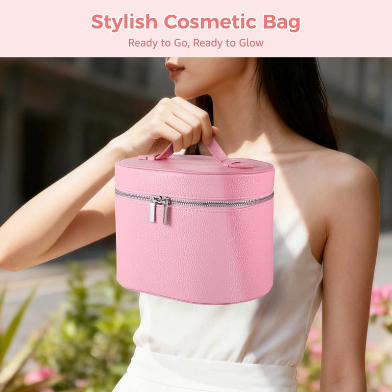 Makeup Vanity Bag for Women - Large Capacity Cosmetic Organizer with Removable Liner, Waterproof PU Leather Skincare Bag, Portable chic Cosmetic Make Up Case for Skincare, Brushes, Accessories, Pink StyleA
