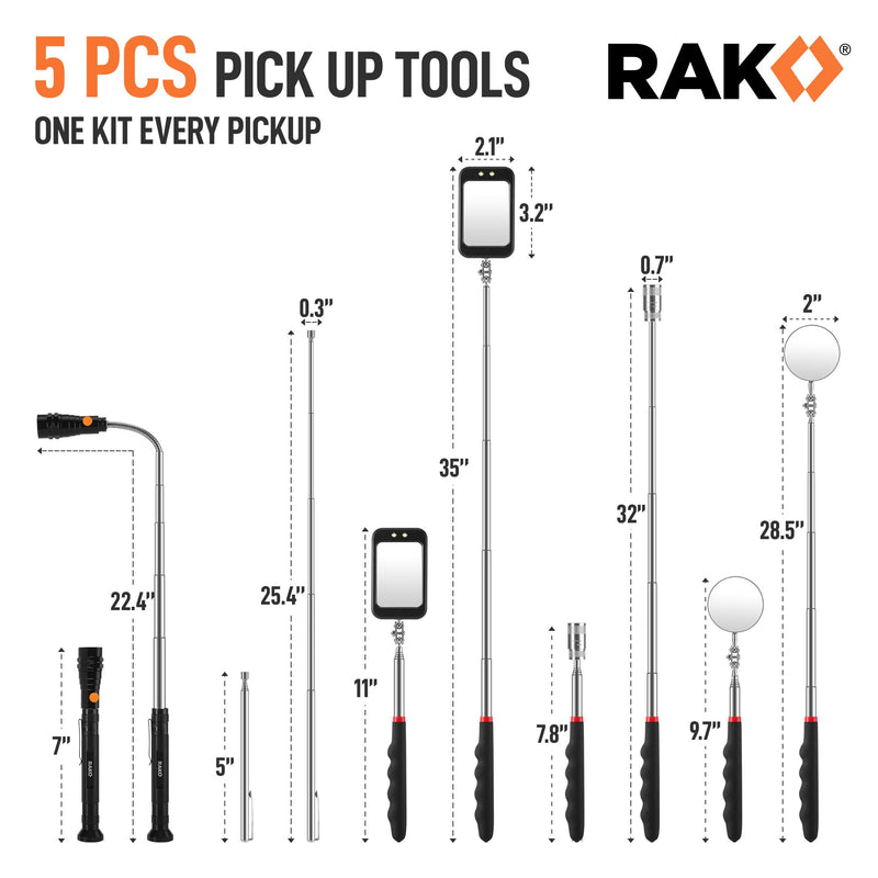 RAK Magnetic Pickup Tool Set Gifts for Men - 5Pcs with 360 Swivel Inspection Mirrors, Telescoping Magnet Pickup Tool, Flexible LED Flashlight, Mechanic Tools & Cool Gadgets for Men, Dad, Husband 5 Pcs Magnetic Pickup Tool Set