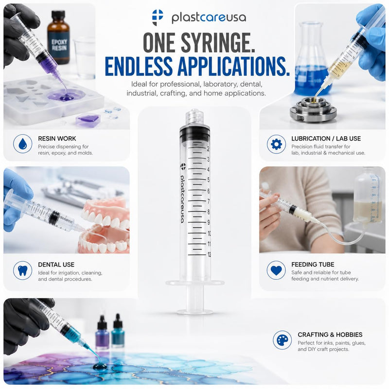 100 12ml Luer Lock Syringe without Needle, Disposable Luer Slip Tip Syringes - Non-Sterile, Latex-Free Plastic Dispenser by PlastCare USA 100.0