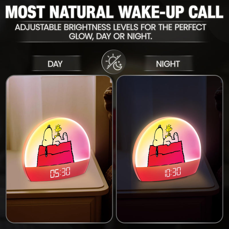 Peanuts Snoopy Sunrise Alarm Clock – Vibrant Snoopy Edition with Multicolor Lights, USB Charging, LED Display, Gentle Wake-Up Simulation, and Handy Snooze Function, Red