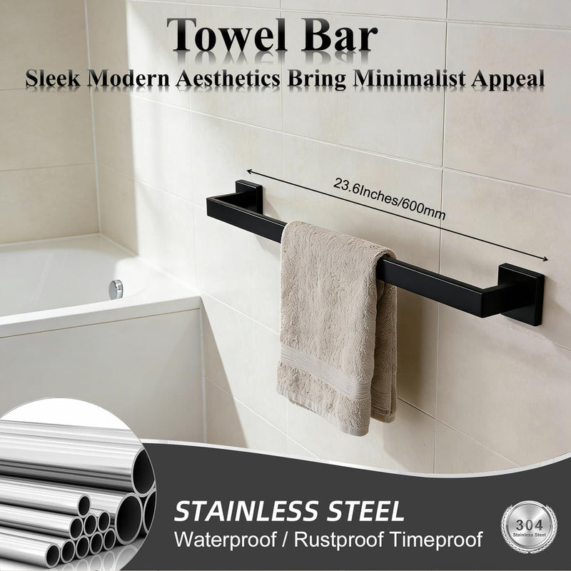 Bathroom Hardware Set Piece Matte Black Bathroom Accessories Set SUS304 Towel Bar Set Includes 2 Towel Bar 24 Inch+2 Towel Holder+2 Toilet Paper Holder+4 Towel Hooks (10, Matte Black) 10