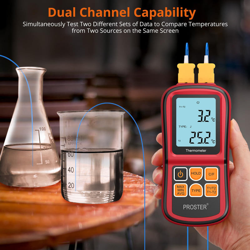 Proster Digital Thermocouple Temperature Thermometer Dual Channel - with Two K-Type Thermocouple Probe, Backlight LCD Thermometer for K J T E R S N Type Red