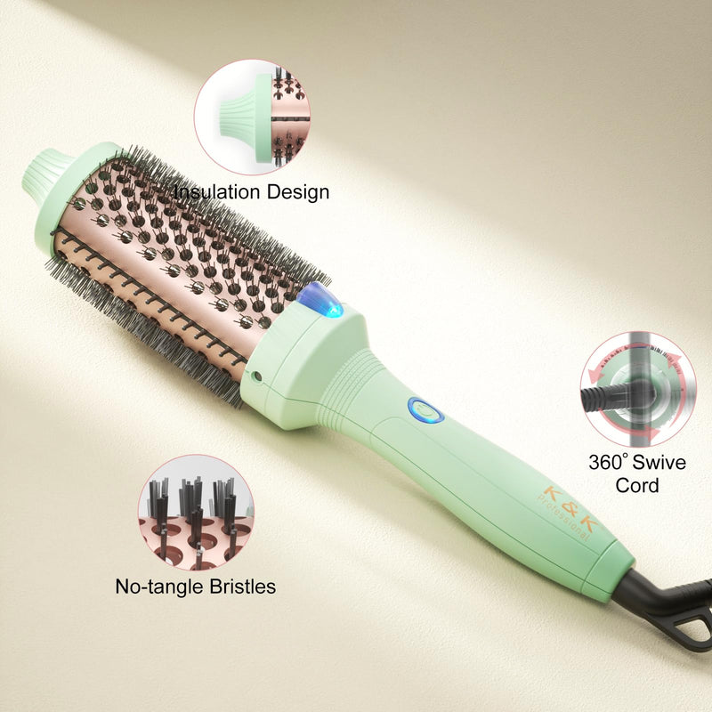 K&K Thermal Brush, 45 mm Heated Round Brush, Professional Heated Curling Ceramic Tourmaline Ionic Curling Iron, Hot Styling Volumizing Comb, Dual Voltage Green