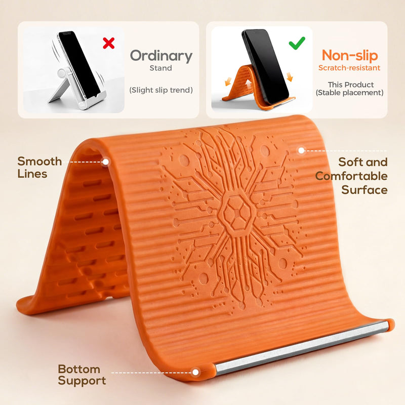 Foldable Airplane Phone Holder for Travel (1 Pack, Orange) | Flexible Silicone Aluminum Phone Stand for Tablet Laptop, Travel, Desk, Bed & Treadmill