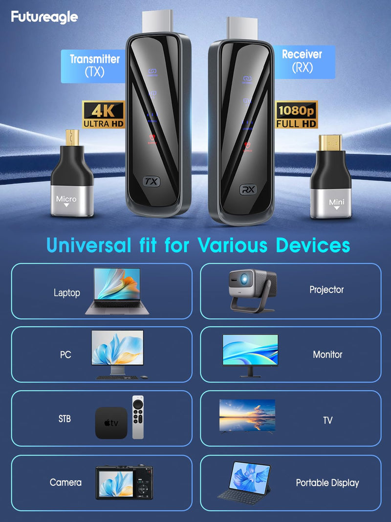 2026 Upgraded Futureagle Wireless HDMI Transmitter and Receiver 328FT/100M, Plug & Play Portable 5G+2.4G Remote Control Extenders for Video and Audio to Monitor from PC/Projector Gunmetal
