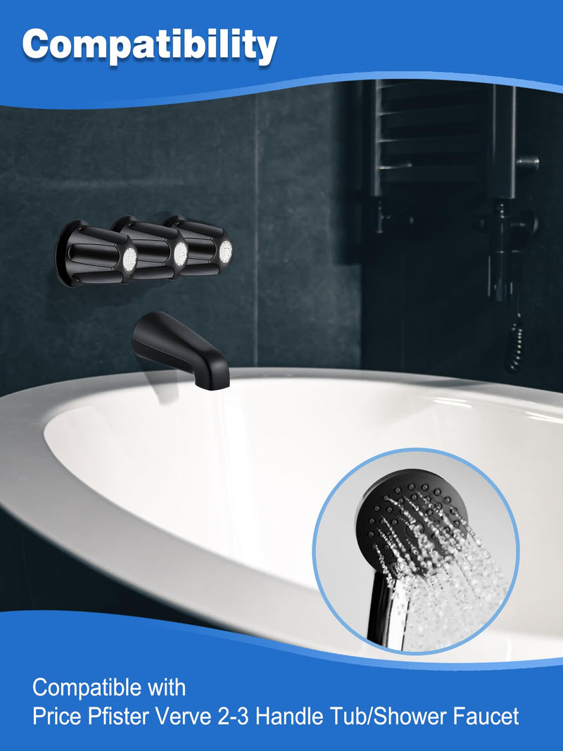 3 PCS Metal Shower Knob Replacement, Tub Faucet Handle with Hot/Cold/Diverter/Flange Base, Bathtub Knob Compatible with Price Pfister Verve Fits 5-1/2''H,12 Tooth Broach Stem (Black) Black