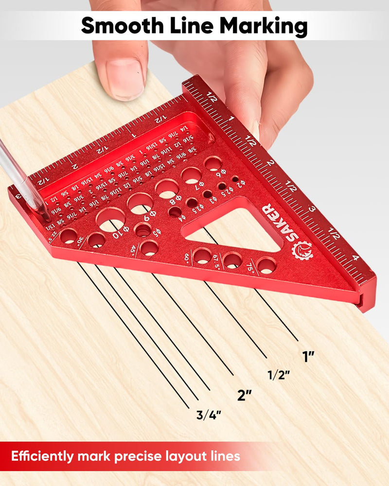 Saker 3D Multi-Angle Measuring Square Ruler, Aluminum Alloy Carpenter Square, 0-90° Precision Hole Scribing Ruler with Angle Pin for Woodworking, Engineering, and Construction Projects 4.4inch