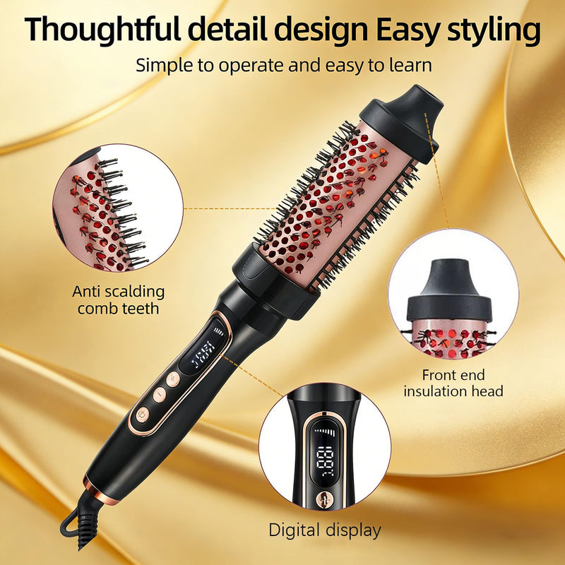 38mm Thermal Brush, Barrel Hot Hair Brush Heated Round with LCD Display for Women, Heated Curling Iron Create Natural Curls Dual Voltage with 6 Heat Settings, UK Plug, Rose Gold B