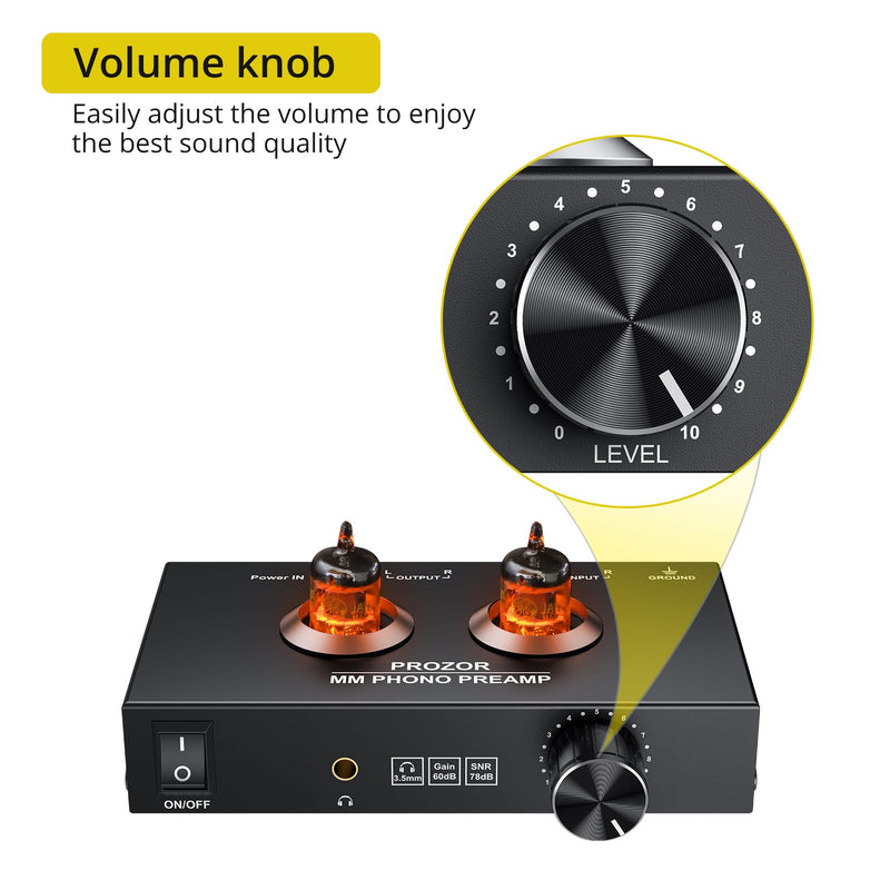 PROZOR Vacuum Tube Phono Preamp, JAN GE5654 Tube, for MM Turntable Phonograph & Record Player, Mini Headphone Amp for Home Audio Systems Stereo Amplifier, with 15V Power Adapter Black - Tube Phono Preamp