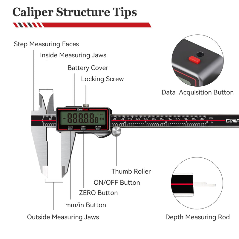 GemRed Wireless Digital Caliper 0-6 Inch/150mm with Data Transfer to Excel/Phone/PC, Stainless Steel Caliper Measuring Tool with Auto-Off, Large LCD Inch/MM for DIY/Household/3D-printing 6 Inch