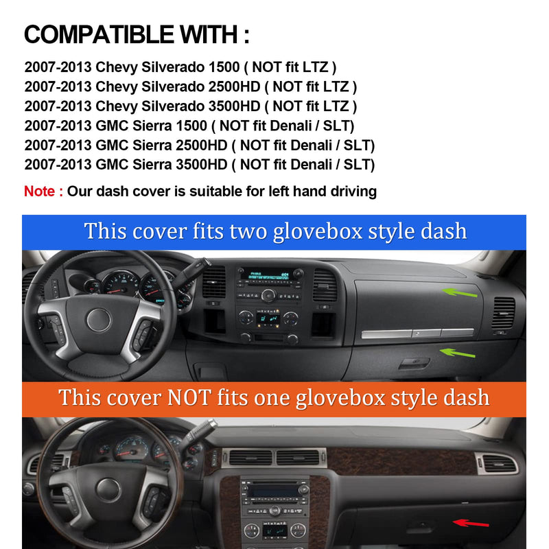 Dashboard Cover for GMC Sierra and Chevrolet Silverado- Fits 2007-2013 Models with Two Glove Boxes. Custom Fit Dash Mat, Won't Break Dash Sensors(Premium Carpet, Black)