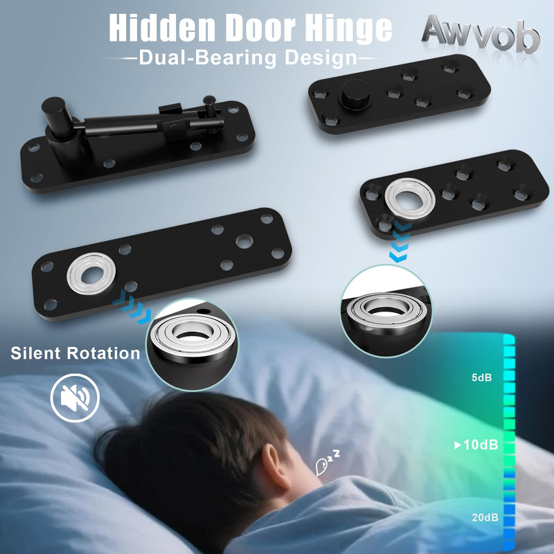 Hidden Door Hinge with Dual Bearing Design - Rotating Silent Invisible Door Hinge Kit for Heavy Duty Secret Door, Perfect for DIY Carpenters & Door Bookcase 580lbs Load-Bearing Double Bearing Hinges Black