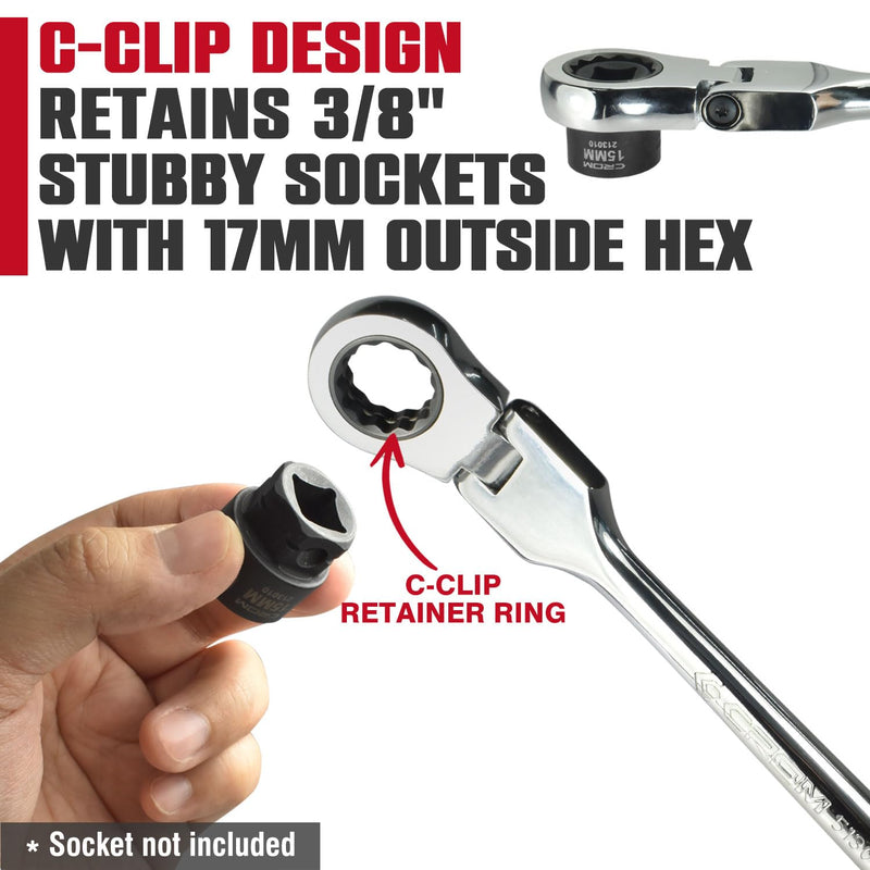 CROM Flex Head Ratchet Wrench - 10.5-Inch Long 17mm Flex head 120-Tooth 12 Point Stubby Socket Ratchet Wrench, Compatible with 3/8" Drive Nano Impact Sockets (10.5 Inch 3/8" Drive) 10.5 Inch 3/8" Drive
