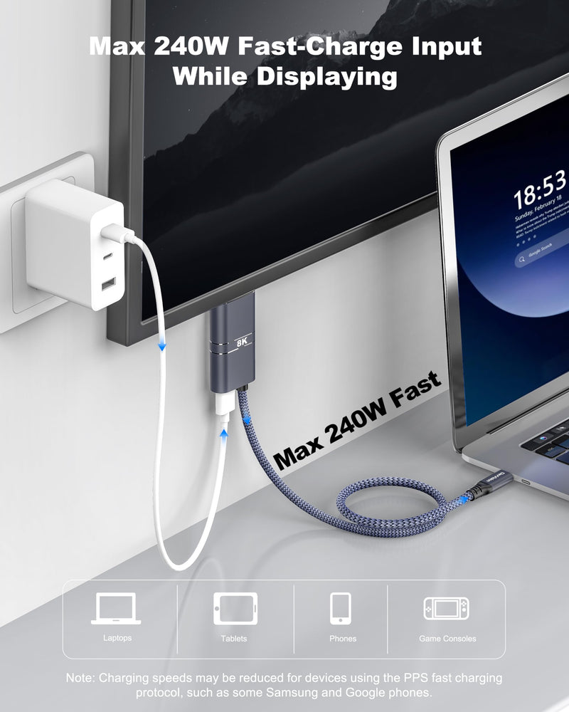 USB C to HDMI Cable with 240W PD Fast Charging, 8K@60HZ,4K@120Hz,Thunderbolt 5/4/3 Compatible,Upgraded Braided 2-in-1 Type C to HDMI for MacBook, iPhone17/16/15,iPad,HDTV(3.3FT,Grey) 3.3FT