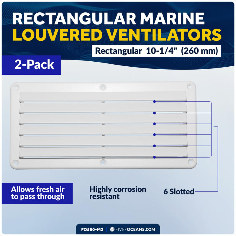 Five Oceans FO590-M2 Rectangular Boat Marine Louvered Ventilators, White Durable Injection-Molded ABS Plastic, 10-1/4 inches (260 mm), UV and corrosion resistant, 6 slots (Pair)