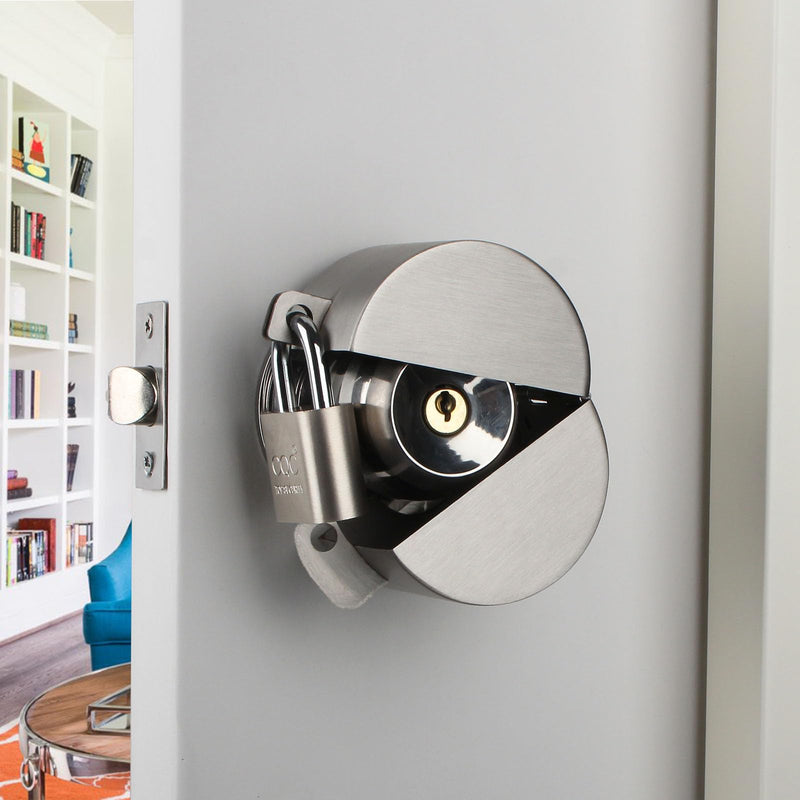 Door Knob Lockout Device with Padlock, Metallic Stainless Steel Locking Cover to Disable Doorknob, Prevents Turning of Door Knob and Access to Keyhole, Prevents Operating The Knob