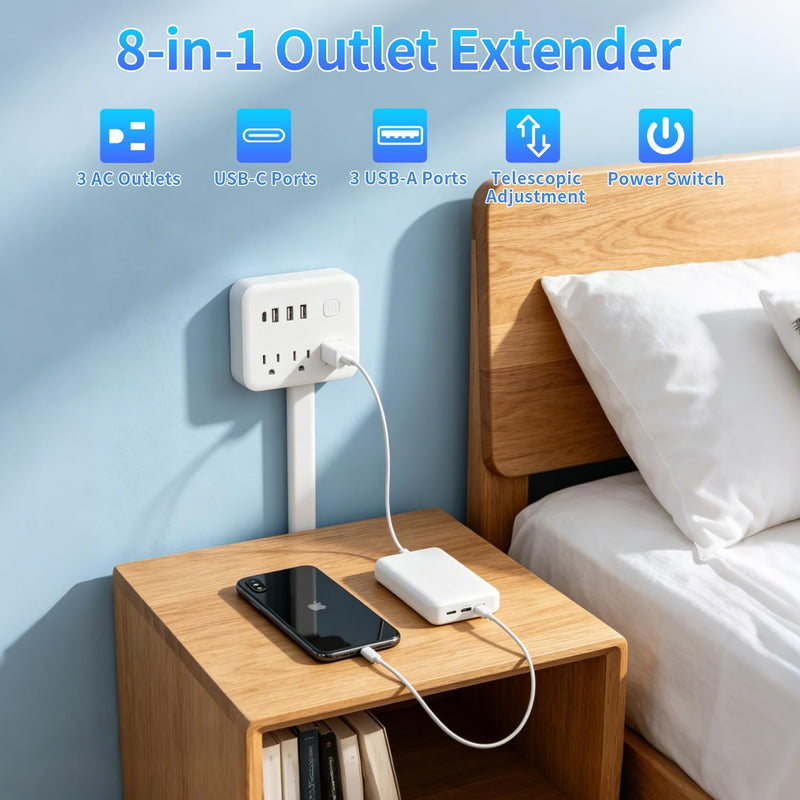 180° Rotating Outlet Extender Stick with 3 AC & 4 USB | Telescopic Extension, Behind Couch Space Saving, Surge Protector, 6-in-1 Multi Plug Wall Splitter Charging Station