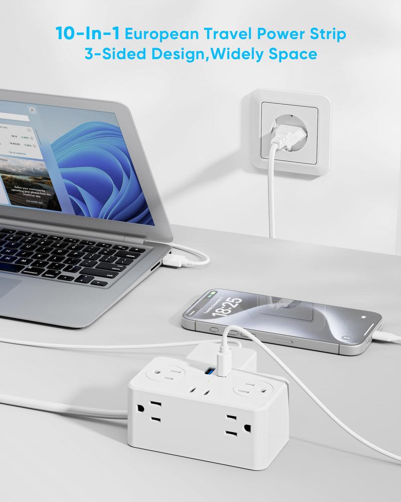 European Travel Plug Adapter, EU/UK/US Travel Adapter Power Strip, 6 AC Outlets, 20W USB C Power Delivery, 3ft Wrapped Around Extension Cord, Compact for Travel PD 20W for EU
