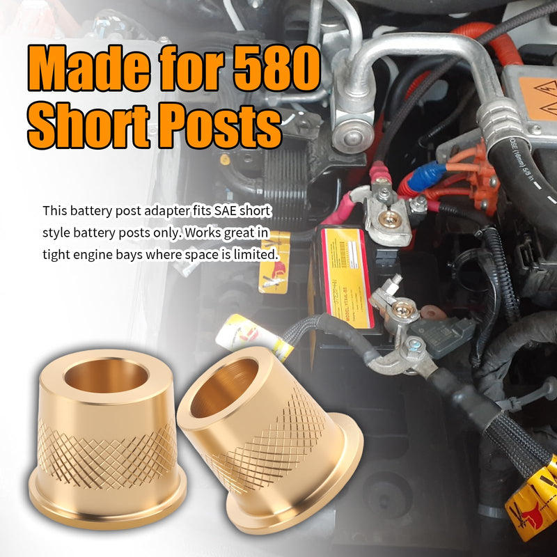 SAE 580 Short Brass Battery Post Adapter Kit,Knurling Car Battery Terminal Adapter with Washer/2 Lengths of M6 Screws,Essential Batteries Post Terminals Adapters for Car Audio System