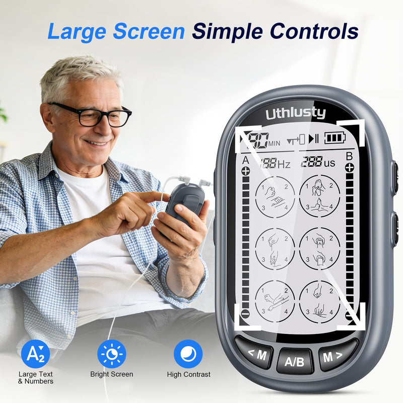 TENS Unit Muscle Stimulator for Pain Relief Therapy–Dual Channel 24 Modes TENS Machine&EMS Muscle Stimulator,Upgraded Large Screen Portable Muscle Stimulator for Back,Shoulder,& Neck Pain with 10 Pads Wolf Gray