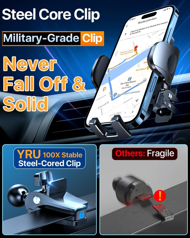 [True Upgrade for Safety] YRU Car Phone Holder Mount [Patent & Military-Grade] Dashboard Cell Phone Holder for Car Vent Windshield Phone Stand for iPhone17 16 15 14 13Pro Max Truck Samsung, Dark Black