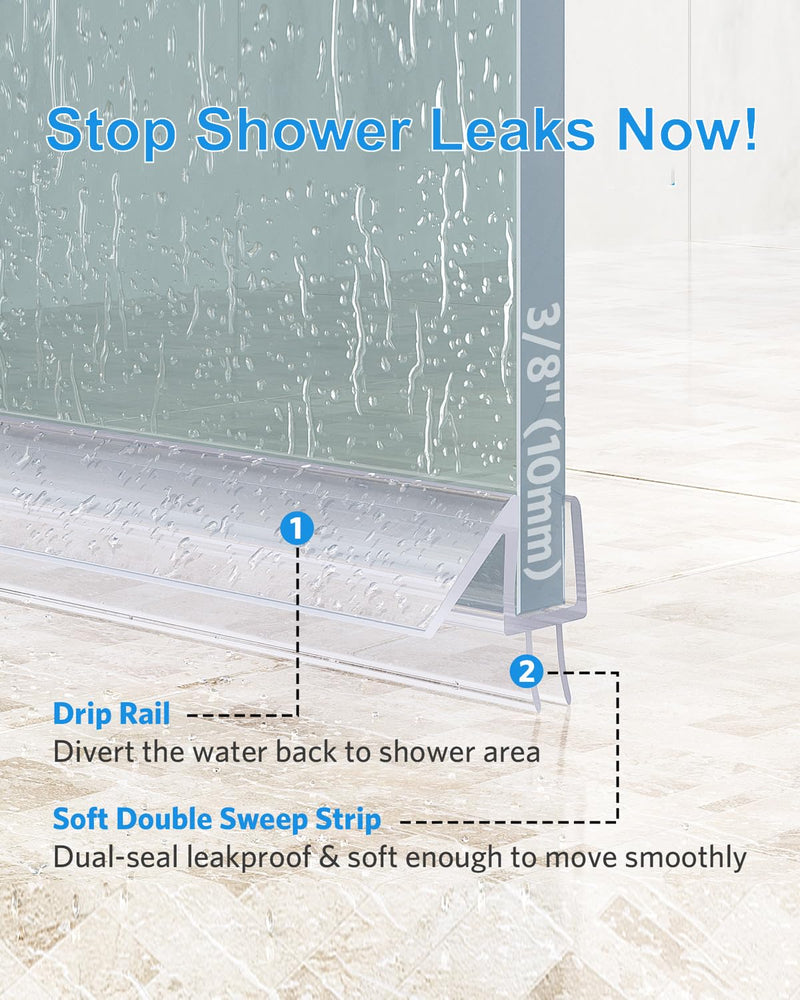 Delamu Shower Door Bottom Seal, 3Pack Shower Door Sweep Strip, 39in Frameless Glass Doors Seal Strip for 3/8'' (10mm) Thick Doors, 39'' x 0.39'' Showers Water Guard Barrier BottomSeal-3/8"x39"