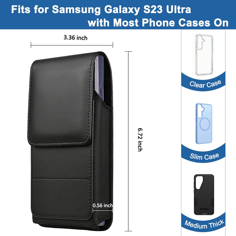 Leather Phone Holster for Samsung Galaxy S23 Ultra, Black | Belt Clip, Magnetic Closure, Card Holder, Premium PU Leather, Elastic Side Bands, Soft Lining, Fits Protective Cover on