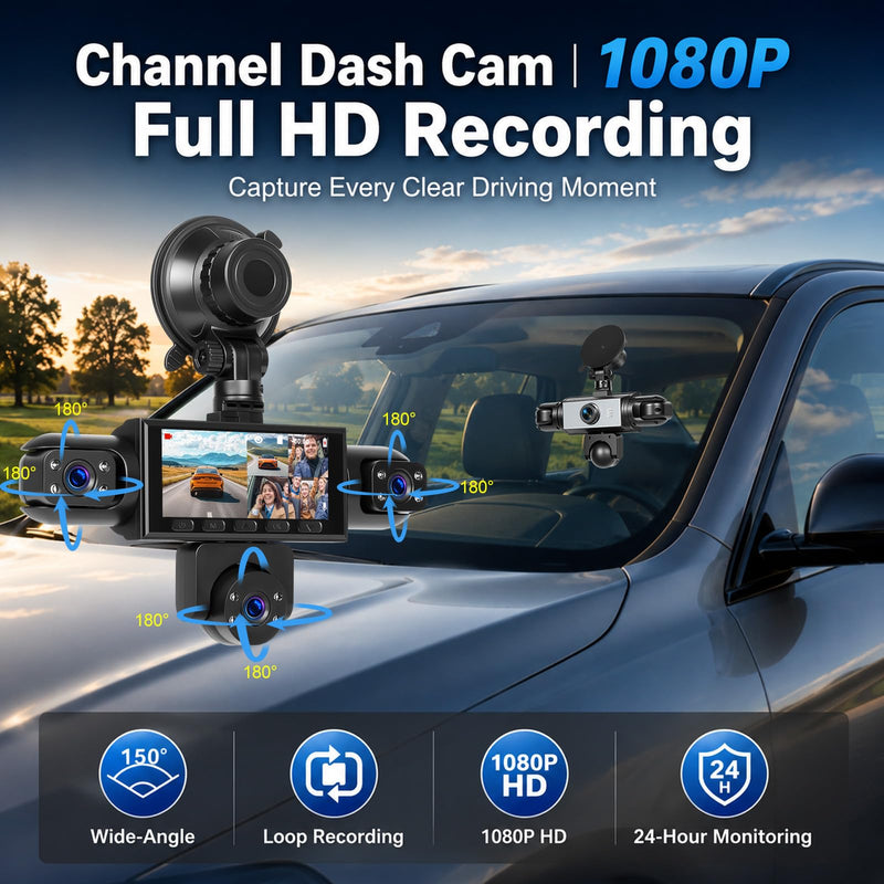 360 5 Channel Dash Cam Front Rear and Inside,3.16inch 1080P Car Camera