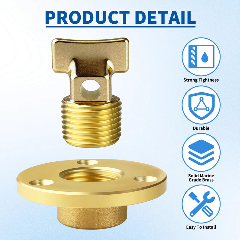Boltigen Solid Brass Garboard Drain Plug Kit, 1/2" NPT Threaded Thru-Hull Transom Drain Plug, Marine Grade Anti-Corrosion Watertight Boat Hull Drain Plug