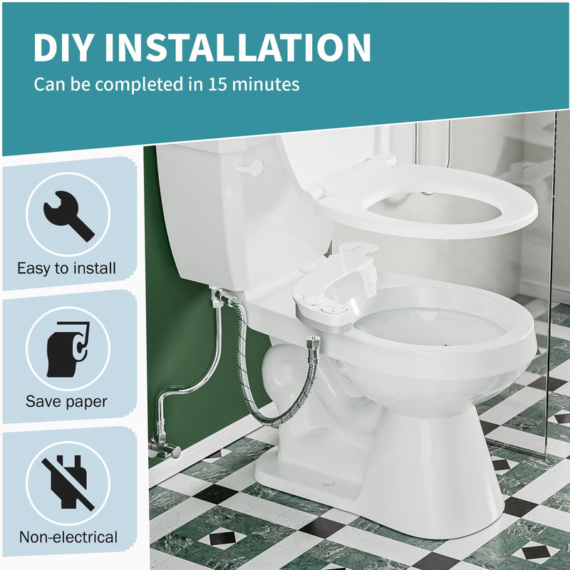 PIKETS Bidet Attachment for Toilet, Dual Nozzle (Frontal and Rear Wash) Non-Electric Fresh Water Bidet Toilet Seat Attachment with Nozzle Self Cleaning, Adjustable Water Pressure (White)