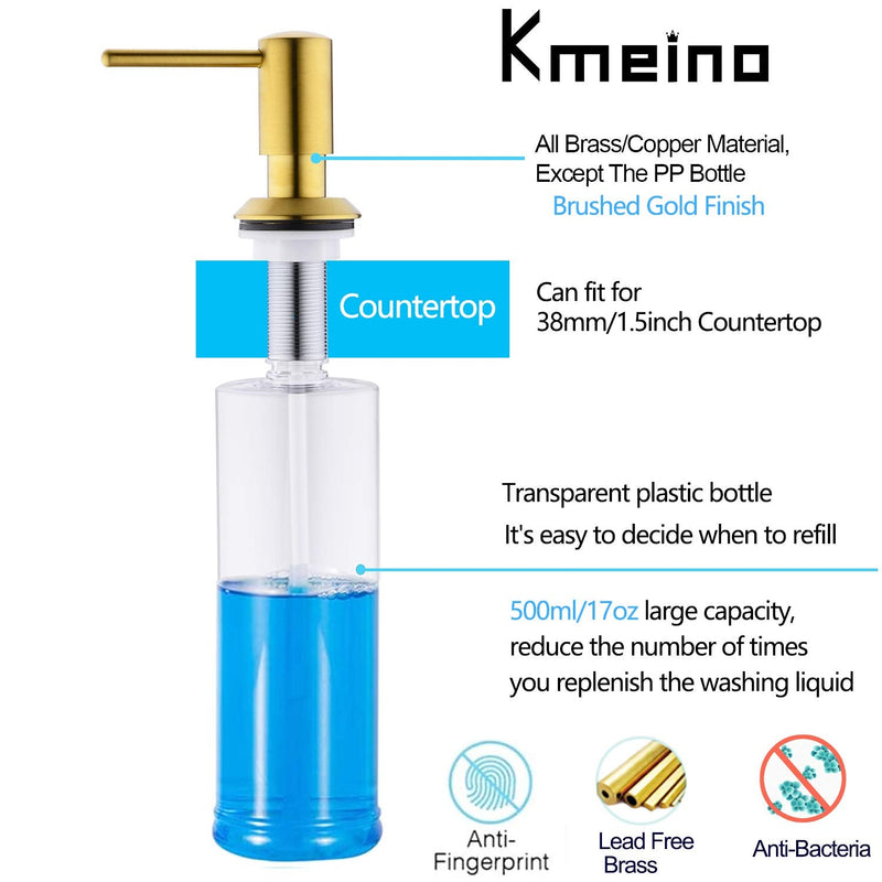 Gold Soap Dispenser for Kitchen Sink, Built in Soap Dispenser Brass, Brushed Gold Pump Head Liquid Lotion Kitchen Commercial with 500ml Bottle