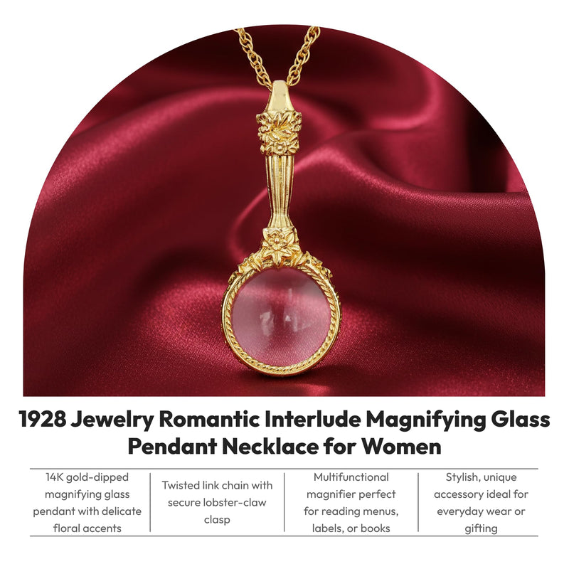 1928 Jewelry Romantic Interlude Magnifying Glass Pendant Necklace For Women 30 Inch Long - Magnification Power: 4-5X, Multifunctional Magnifier Perfect For Reading Menus, Labels, Books, Made In USA Gold