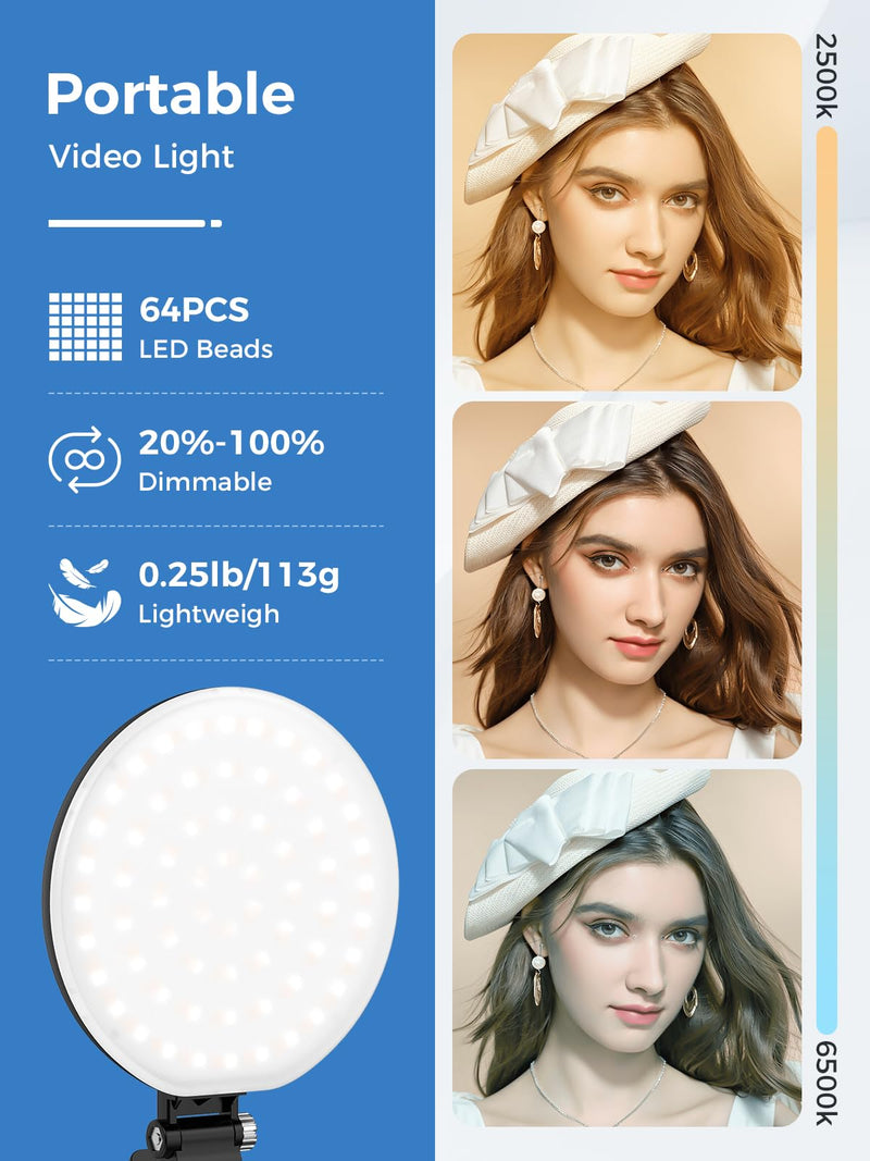 Smiling Shark Photography Light, LED Video Light with Clip 2500mAh Rechargeable CRI 97+ Dual Color Temperature Dimmable Cold Shoe Mount Portable Camera Light for Live Laptop Phone Video