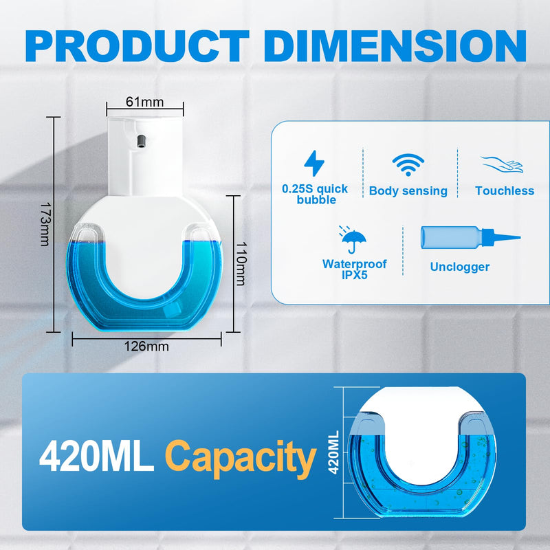 Automatic Foaming Soap Dispenser 15oz/420ml Foaming Hand Sanitizer Touchless Wall Mount with 4levels Adjustable Free Touch Electric Soap Dispenser Rechargeable with Sensor White Foam