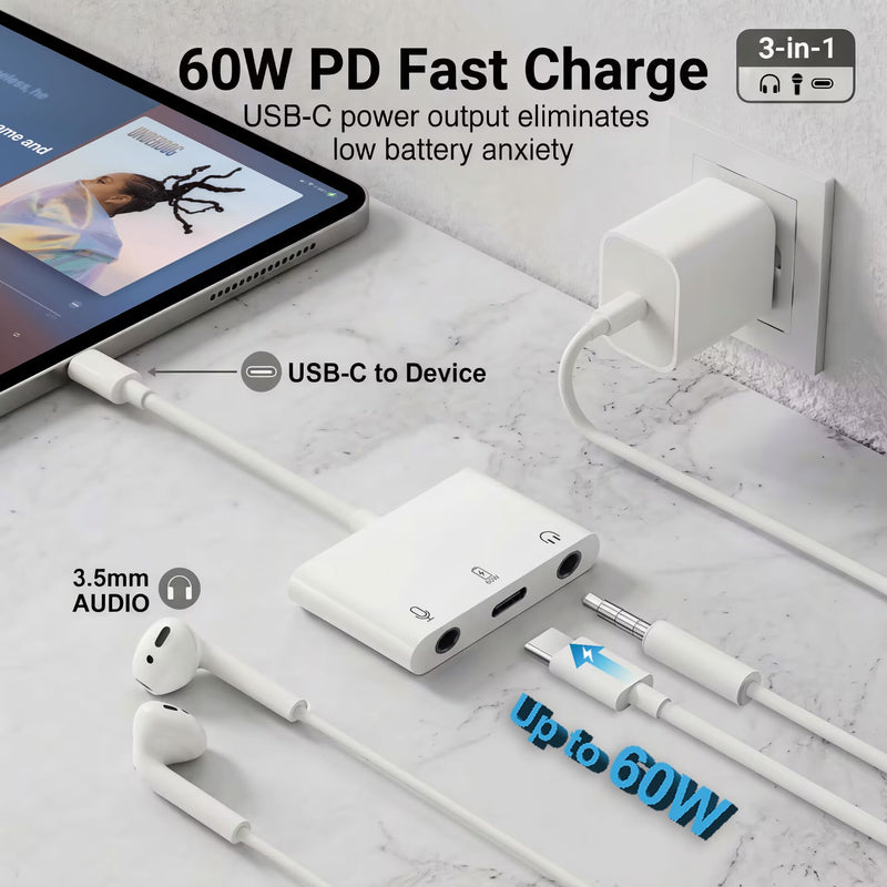 USB C to Microphone & 3.5mm Headphone Adapter with PD Fast Charging for Live-Streaming, 3-in-1 Aux to USB C Audio & MIC Splitter Compatible with iPhone 17/16/15, iPad Pro, Galaxy S26, and More