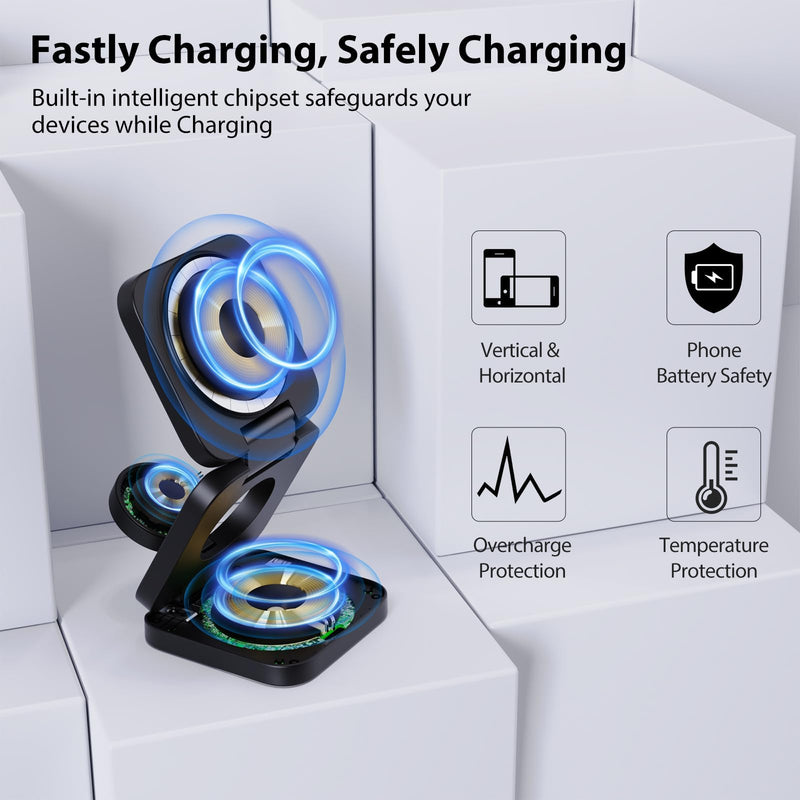 X55 Fast Wireless Charger, Magnetic Foldable 3 in 1 Charging Station for iPhone 15/14/13/12/Pro/Plus/Pro Max, 5W Portable Charger for Apple Watch9/8/7/6/5/4/3/2/SE, for Airpods3/2/Pro-Black Black