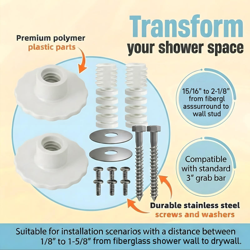 Grab Bar Mounting Kit for Fiberglass Showers, Grab Bar Anchors with Adjustable Spacers (15/16" to 2-1/8"), Shower Stall Kit for Installing Grab Bar to Stud, 1 Pair