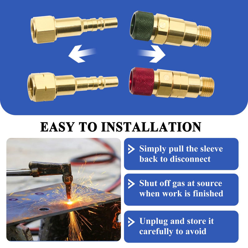 QDB10 Quick Disconnect Kits for Torches with Check Valves, Torch-to-Hose Set, Fuel-Red, Oxy-Green, Brass