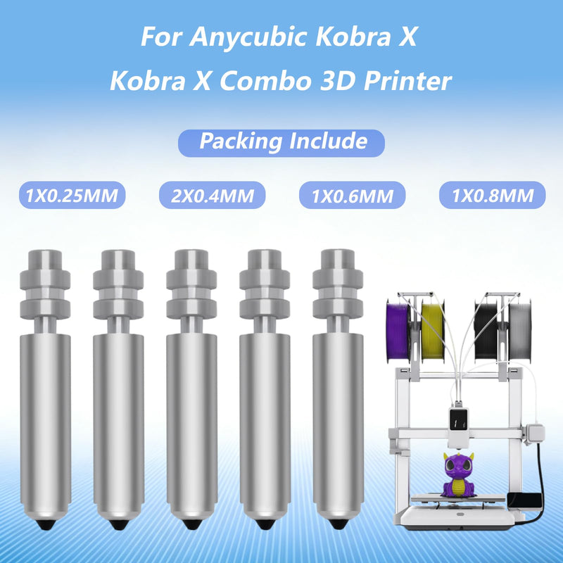 5PCS Kobra 4/Kobra X Nozzle 0.25/0.4/0.6/0.8MM, Integrated Quick Swap Hardened Steel Nozzle High Speed All Metal Hot End Throat Tube Nozzle Replacement Kit for Anycubic Kobra X,Kobra 4 3D Printer 5PCS Muilt Size Nozzle