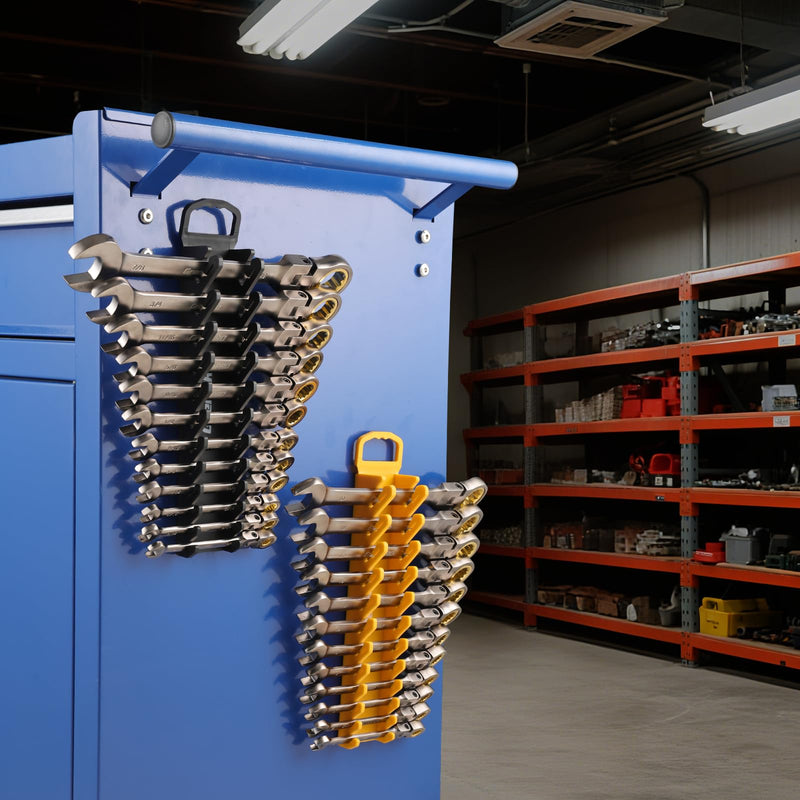 Wrench Organizer for Tool Box, 2 Pack Magnetic Wrench Holders with Handle, Includes FREE 10mm Double-Ended Wrench, Storage for Tool Box Drawer, SAE & Metric Wrench Rack Wrench+Handle 2-Pack