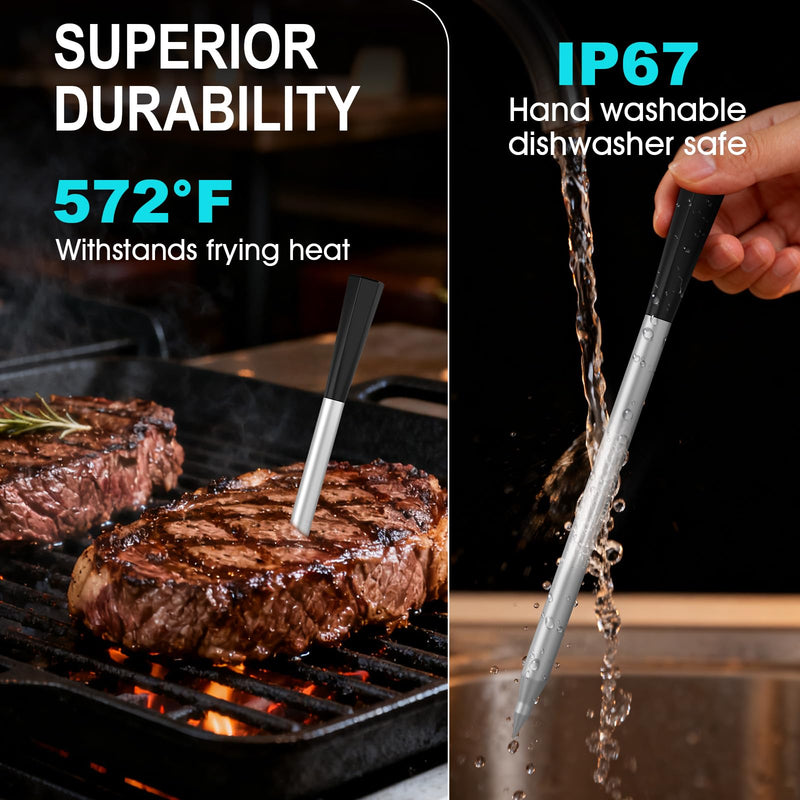 Wireless Meat Thermometer Bluetooth Digital, Smart Meat Thermometer Digital with IP67 Waterproof Probe ±1.8°F Accuracy, Rechargeable Thermometer for Grill, Smoker & BBQ Black