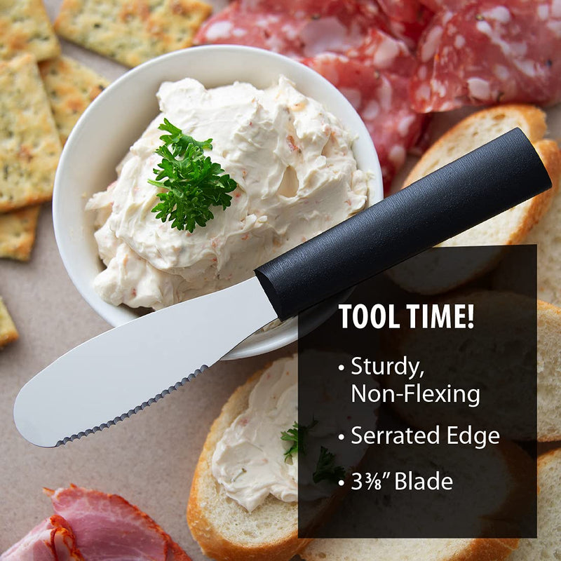 Rada Cutlery Party Spreader Knife (W235), 3.38" Stainless Steel Shallow Serrated Edge Blade, Made in USA, Black Handle, Pack of 2