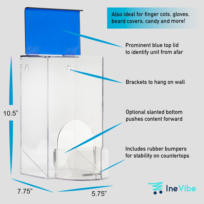 Inevibe Earplug Holder, Universal Clear Acrylic Storage with Blue Lid for Small Bulk Accessories - Finger Cots, Hairnets, Laundry Dishwasher Pods, Packets, Beard Covers, Condiments & Candy