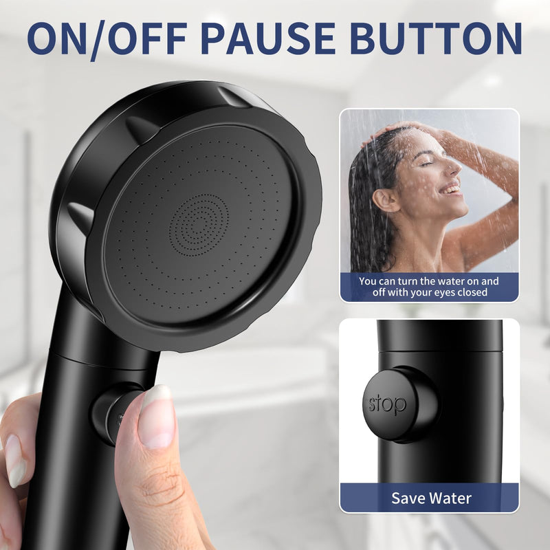 HANLIAN On/Off Pause Camper Shower Head with Filters, Detachable Shower Head with filtrate, High Pressure RV Showerhead with Hose and Self-adhesive Bracket, Shower Filtered Showerhead (Black) Black