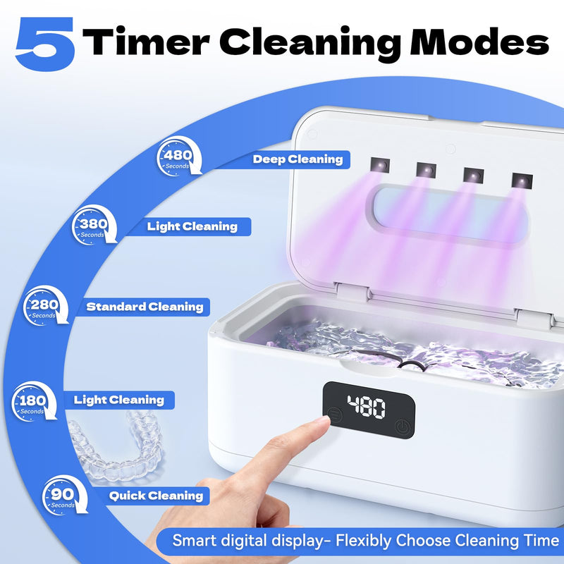Ultrasonic Jewelry Cleaner, 50Khz Jewelry Cleaner Ultrasonic Machine for Jewelry, Eyeglasses, Rings, Watch Strap, Dentures, 24oz - 304 Stainless Steel Tank, Digital Timer, 5 Cleaning Modes White