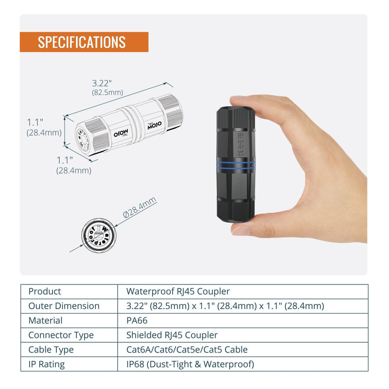 Tecmojo Waterproof Cat6 Coupler, IP68 Outdoor Ethernet Connector for CAT6/CAT5E/CAT5,Shielded RJ45 Ethernet Extender for IP Camera and PoE Device, 3.2in,6 Pack 6