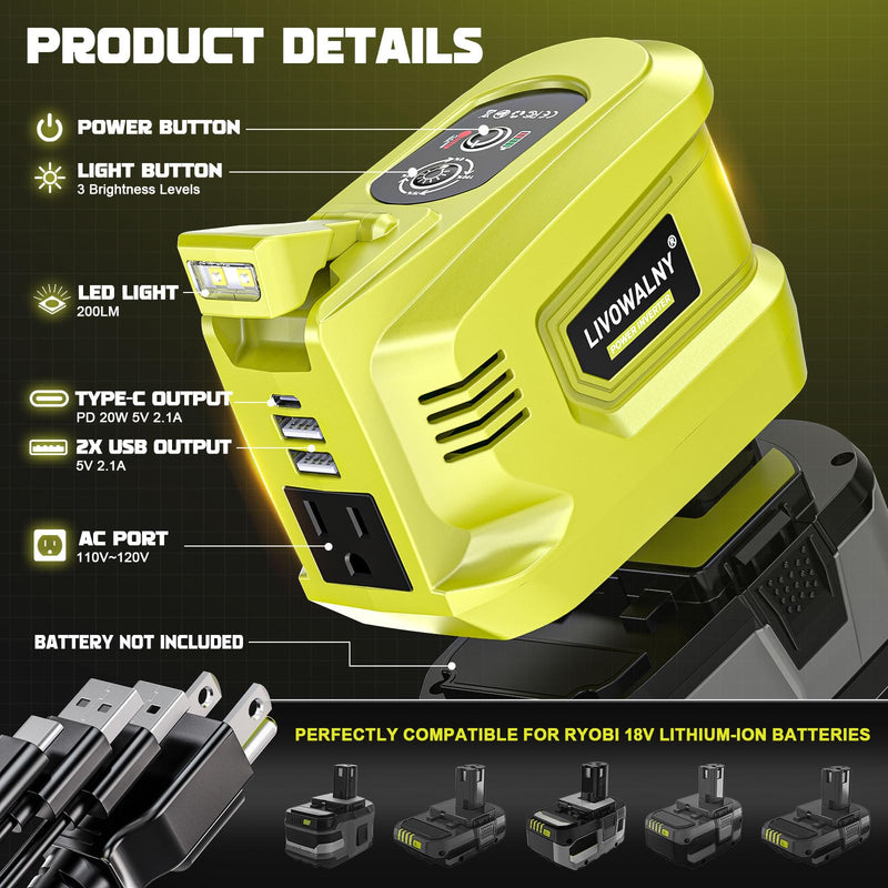 200W Real Power Inverter Compatible with Ryobi 18V, DC 18V to AC 110-120V Battery Inverter, LIVOWALNY Power Station Generator, Charger Adapter Battery Powered Outlet with 2 USB & 1 Type-C & 1 AC No Battery For Ryobi 18V